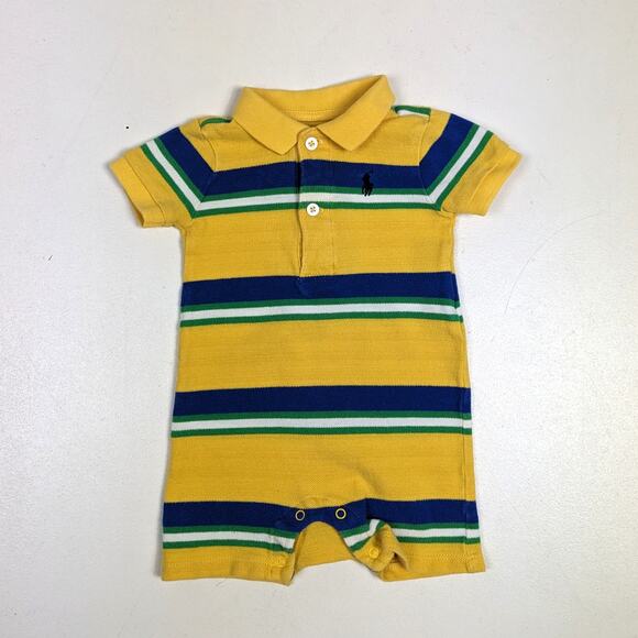 Ralph Lauren Romper Baby Boys Sz 3m Yellow Polo Stripe Outfit Preppy Classic - Picture 1 of 6